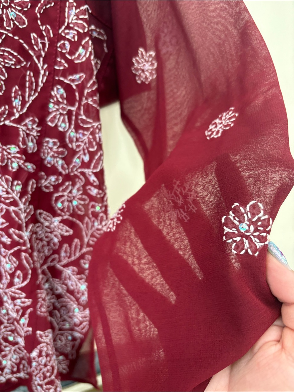 Womens Embroidered V-Neck Peasant Top - Burgundy - Picture 4 of 5